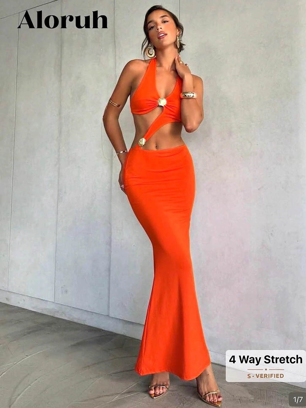Aloruh Women's Solid Color Sleeveless Cutout Metal Decor Sexy Dress Cutout